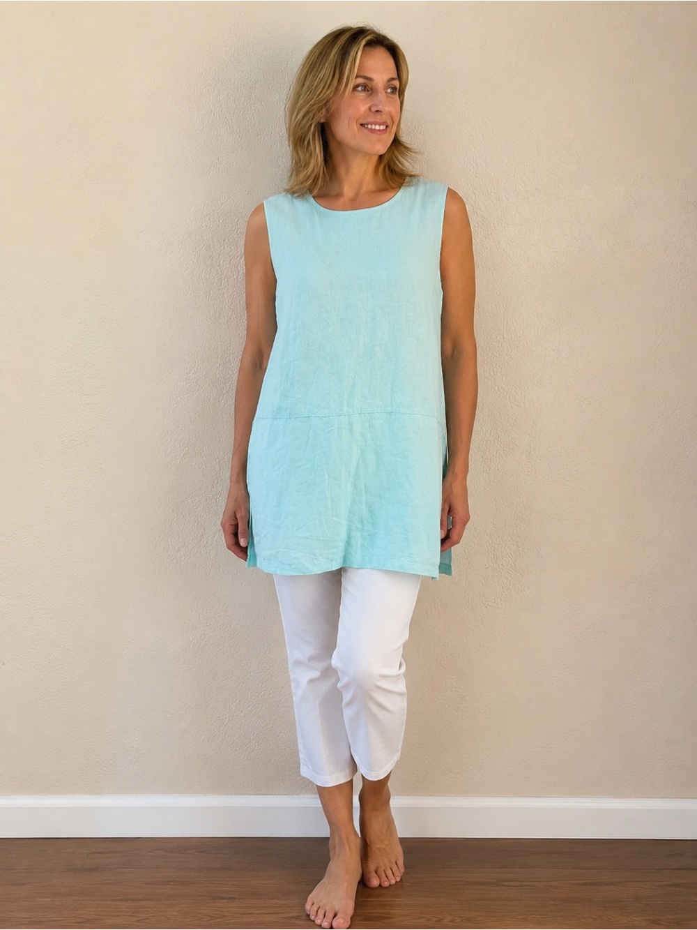 BRYN WALKER MED light turquoise 100% linen sleeveless tunic tank top USA made